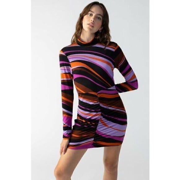 SANCTUARY Abstract Mock Neck Shirred Bodycon Dress Women's Gravity Long Sleeve L - Picture 1 of 12
